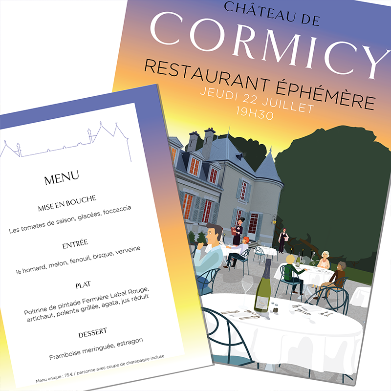affiche et menu restaurant éphémère château de Cormicy